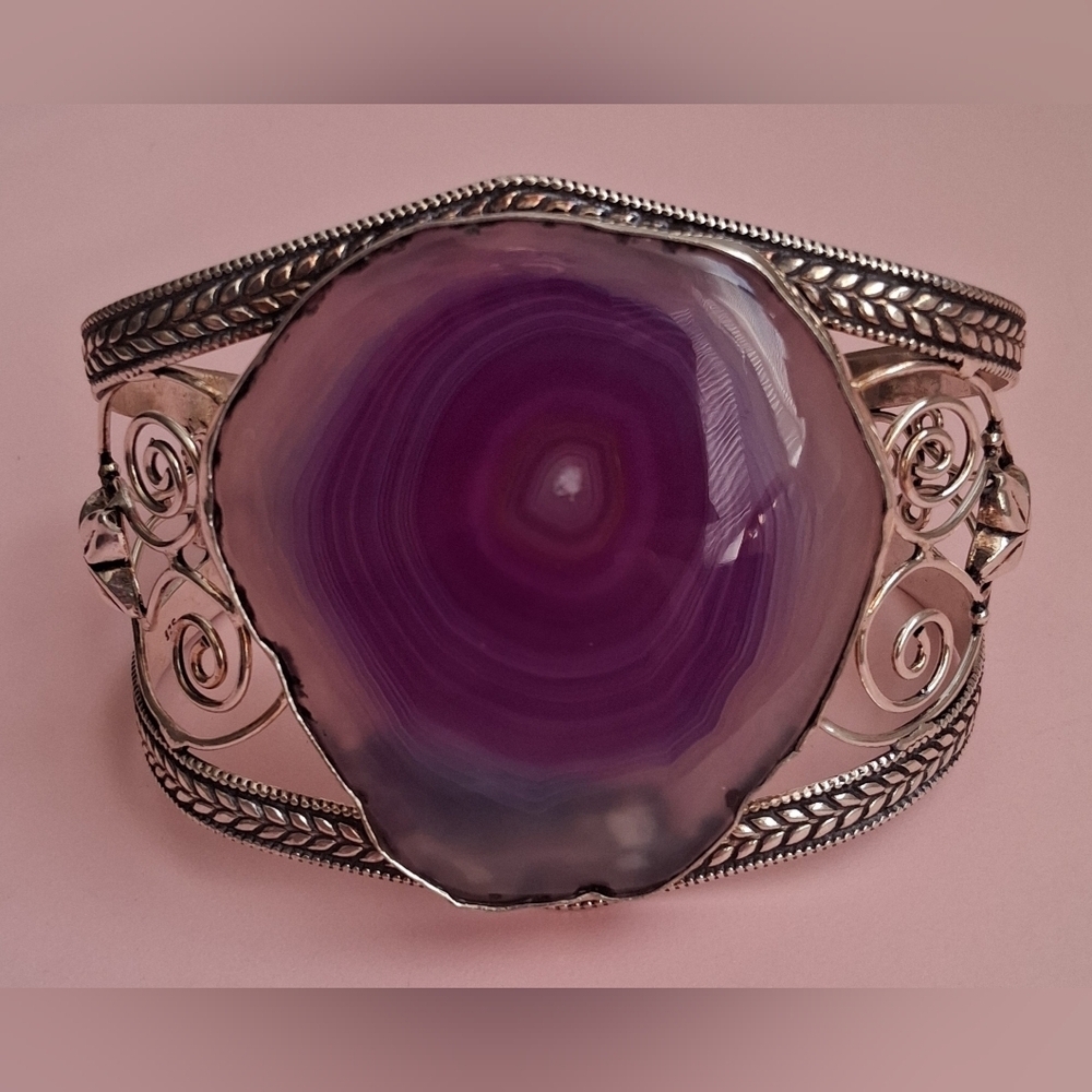 EUC HUGE Purple Solar Quartz & 925 Sterling Floral Filigree Boho Cuff Bracelet - Picture 2 of 8